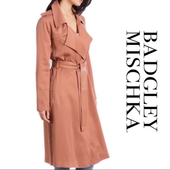 Badgley Mischka Faux Leather Trim Cedar Color Long Trench Coat - Duplicate - Picture 1 of 16